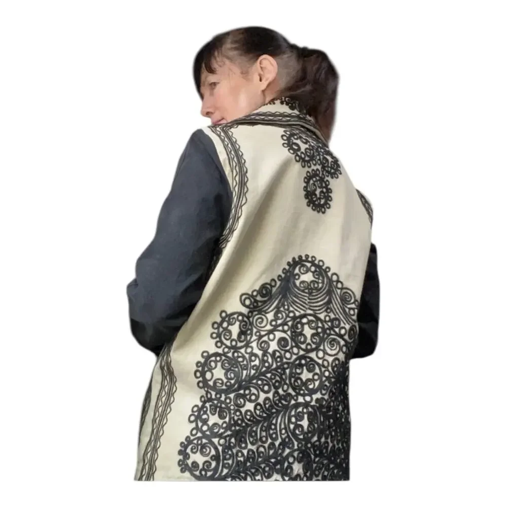 Free People Stitched Quills Embroidered Cream Black Jacket Boho Small Western